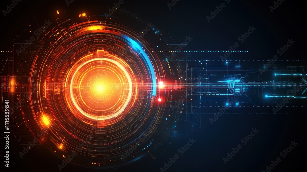 Poster abstract digital technology interface with glowing circles and lines.
