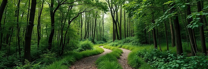 Fototapeta premium A forest path winding through a thicket of foliage, ferns, natural scenery