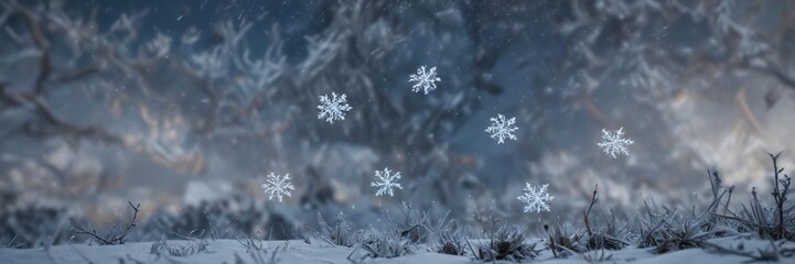 A group of snowflakes gently falling from the sky amidst a blue-gray winter sky, snowflakes, natural wonder