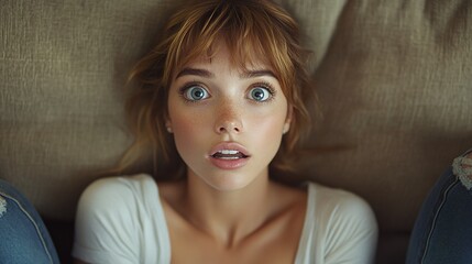 Naklejka premium Close-up of a young woman indoors with a surprised and frightened expression, capturing emotions of shock and fear in a modern setting.
