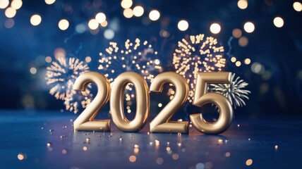 A festive scene featuring the year 2025 with fireworks in the background.