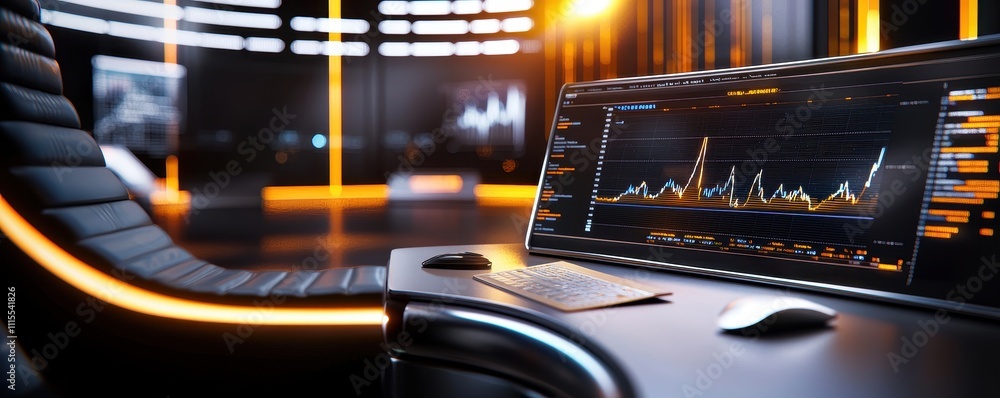 Poster modern financial data analysis workspace with digital graphs and charts