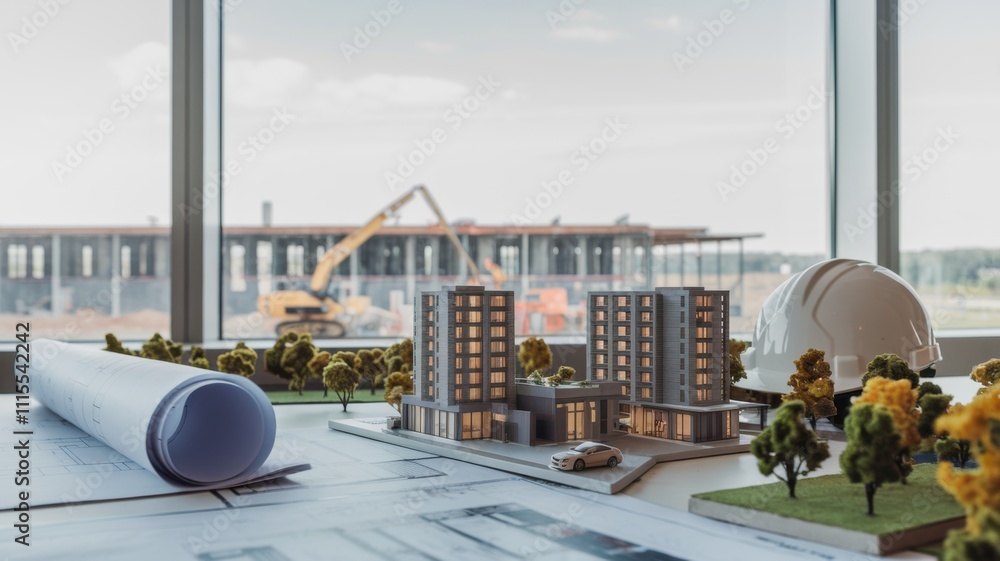 Poster architectural model on a table with construction site view in the background.
