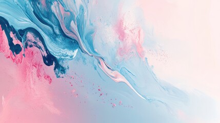 Fototapeta premium Abstract fluid art painting in pink and blue hues with swirling textures and subtle speckles.