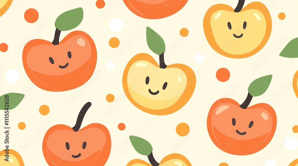 Poster a row of apples and oranges featuring a smiling apple face