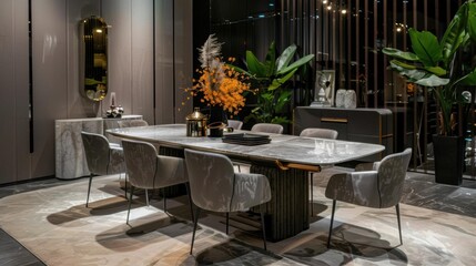 Elegant dining area with modern furniture and lush greenery.
