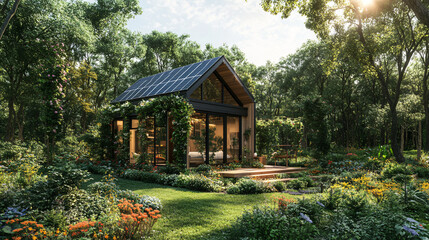 A small house with a solar panel roof sitting in a green, eco-friendly garden surrounded by trees and flowers.
