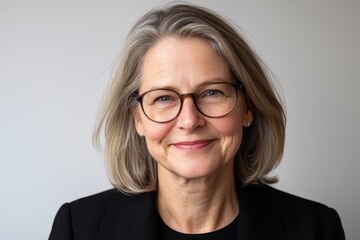 Fototapeta premium Professional woman with glasses and gray hair smiling against neutral background