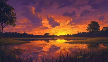Fototapeta premium A serene sunset over a tranquil lake, reflecting vibrant colors.