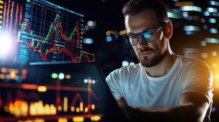 Focused Analyst Working Late with Financial Graphics and Data Charts