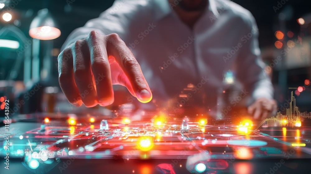 Poster business professional interacting with digital interface and data visualization