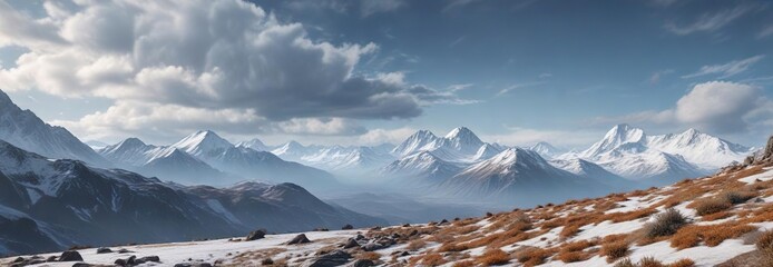 Cloudy horizon with snow-capped mountains in the distance , natural scenery, distant mountains