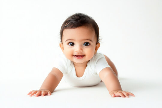 indian brown baby, chubby, in white nappy, crawling isolated, on the white background
