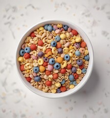 Colorful cereal bowl filled with a variety of brightly colored cereals on a clean white background , morning meal, breakfast food