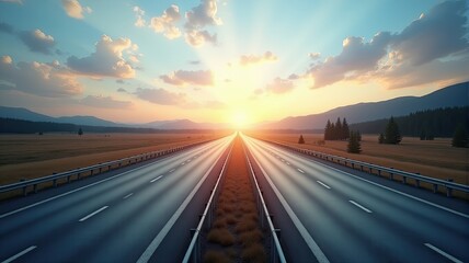 Fototapeta premium Empty highway at sunset with a clear sky and beautiful landscape in the distance. 