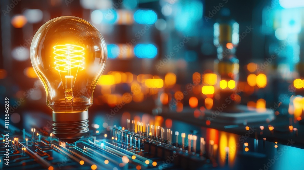 Poster glowing light bulb illuminating circuit board in modern setting