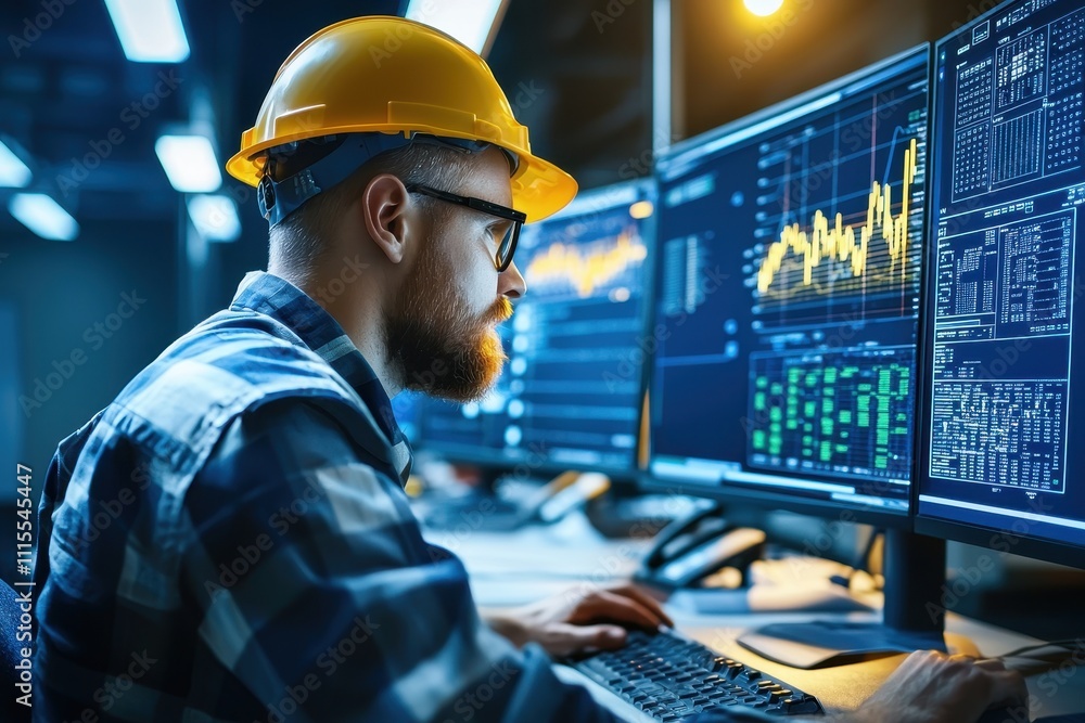 Aufkleber professional worker analyzing data on multiple screens at night