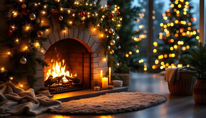 Christmas Fireplace Scene with Decorations, Tree Lights, and Festive Ambiance,  Christmas Interior with Glowing Fireplace