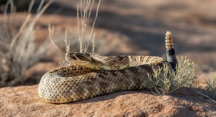 Wildlife and nature: rattlesnake in desert habitat on sunlit rock