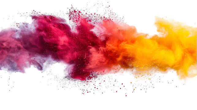 White, Yellow, Red colours powder exploding isolated on a transparent background