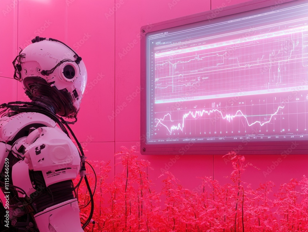 Aufkleber a robotic figure stands before a glowing screen displaying data in a vibrant pink environment filled