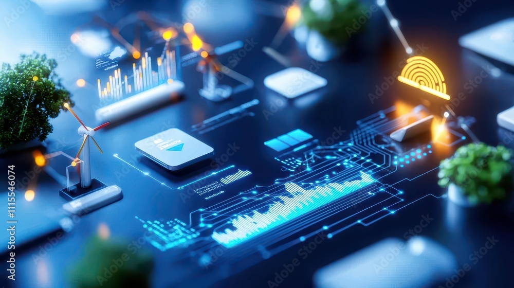 Poster futuristic digital interface with graphs and data visualization elements