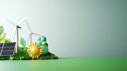 Fototapeta premium Colorful Renewable Energy Concept with Solar, Wind, and Nature Elements