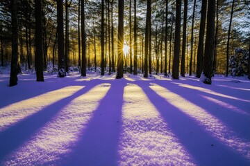 A serene winter landscape with sunlight filtering through snowy trees.
