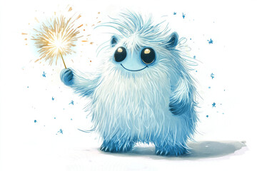 Naklejka premium A fluffy, friendly yeti monster, holding a sparkling firework.