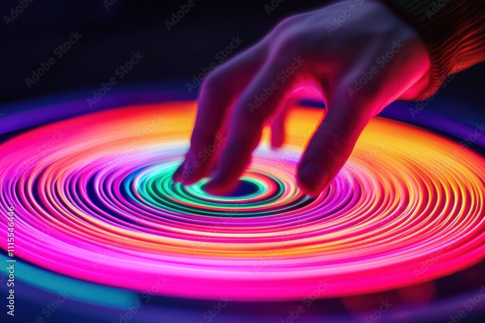 Poster A vibrant hand interacts with colorful swirling lights, creating a mesmerizing visual effect that captivates and engages the viewer.