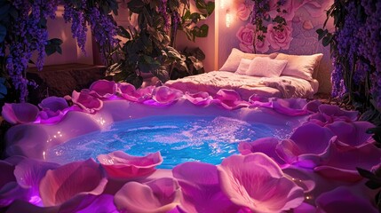 Create a whimsical backyard of a fantasy rose house, where the oversized colorful rose petals in soft like pink and lavender. The pool should be