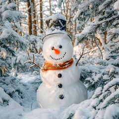 Fototapeta premium Winter forest and Snowman. Holidays, Christmas.