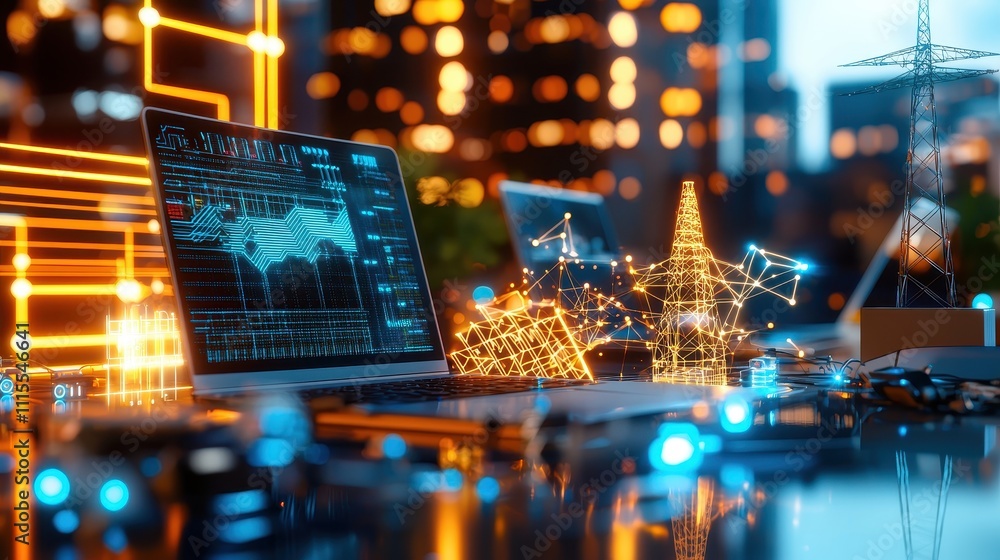 Aufkleber digital technology concept with laptop and data visualization elements