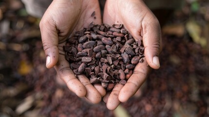 A hands holding a handful of cacao nibs a nutrientrich byproduct of cacao water production.