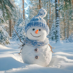 Obraz premium Winter forest and Snowman. Holidays, Christmas.
