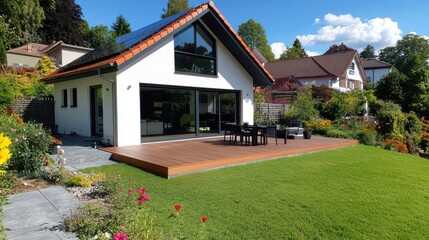 Modern house with wooden deck and vibrant garden in sunny backdrop