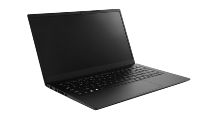 A sleek black laptop sits open on a contemporary desk, inviting productivity and creativity. The minimalist design enhances the modern workspace, ideal for focused work or collaborative projects