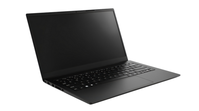 A sleek black laptop sits open on a contemporary desk, inviting productivity and creativity. The minimalist design enhances the modern workspace, ideal for focused work or collaborative projects