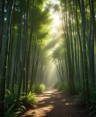 Fototapeta premium Dense bamboo grove with shafts of sunlight filtering through the foliage, dense bamboo, leafy canopy