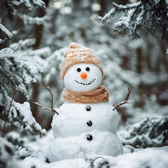Fototapeta premium Winter forest and Snowman. Holidays, Christmas.