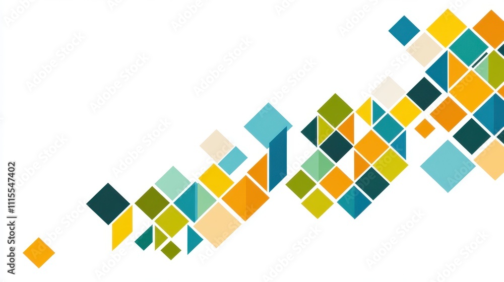 Poster abstract geometric pattern of colorful squares and triangles on white background.