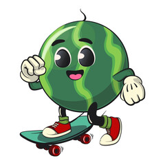 Obraz premium cute watermelon cartoon character playing skateboard, watermelon mascot cute cartoon characters for icon, mascot, logo, label, poster, banner, print, sticker, clip art