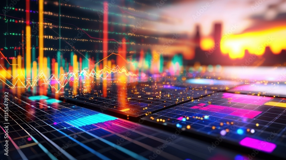 Poster colorful data visualization with digital elements and sunset background