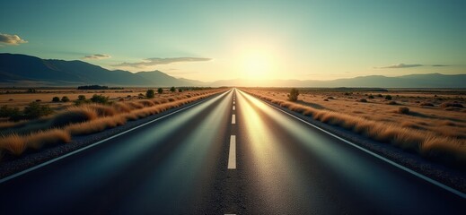 Obraz premium Empty highway stretching towards the horizon with sunset and mountains in the background. 