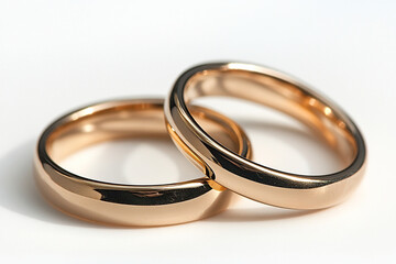 Two smooth gold rings without inclusions and precious stones on a white background. Wedding rings.
