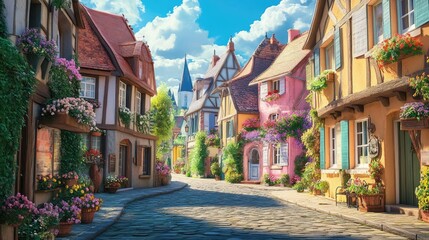 Fototapeta premium A charming European village with cobblestone streets, pastel-colored houses with flower boxes, and a peaceful town square under a clear blue sky, captured in a warm and inviting artistic style 