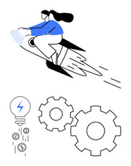 Obraz premium Woman riding a rocket, symbolizing rapid progress. Gears and lightbulb with falling coins suggest ideas, innovation, and financial growth. Ideal for startup, business growth, financial success