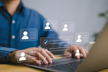 Businessman filling out online employee appraisal form. Human resource management (HR), leadership...