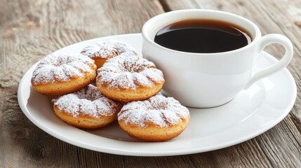 Fresh Mini Donuts with Powdered Sugar Beside a Cup of Coffee
