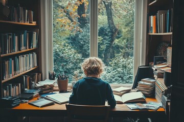 A young child sits at a wooden desk, surrounded by books and stationery, in a cozy library with a view of a lush green forest through a large window.